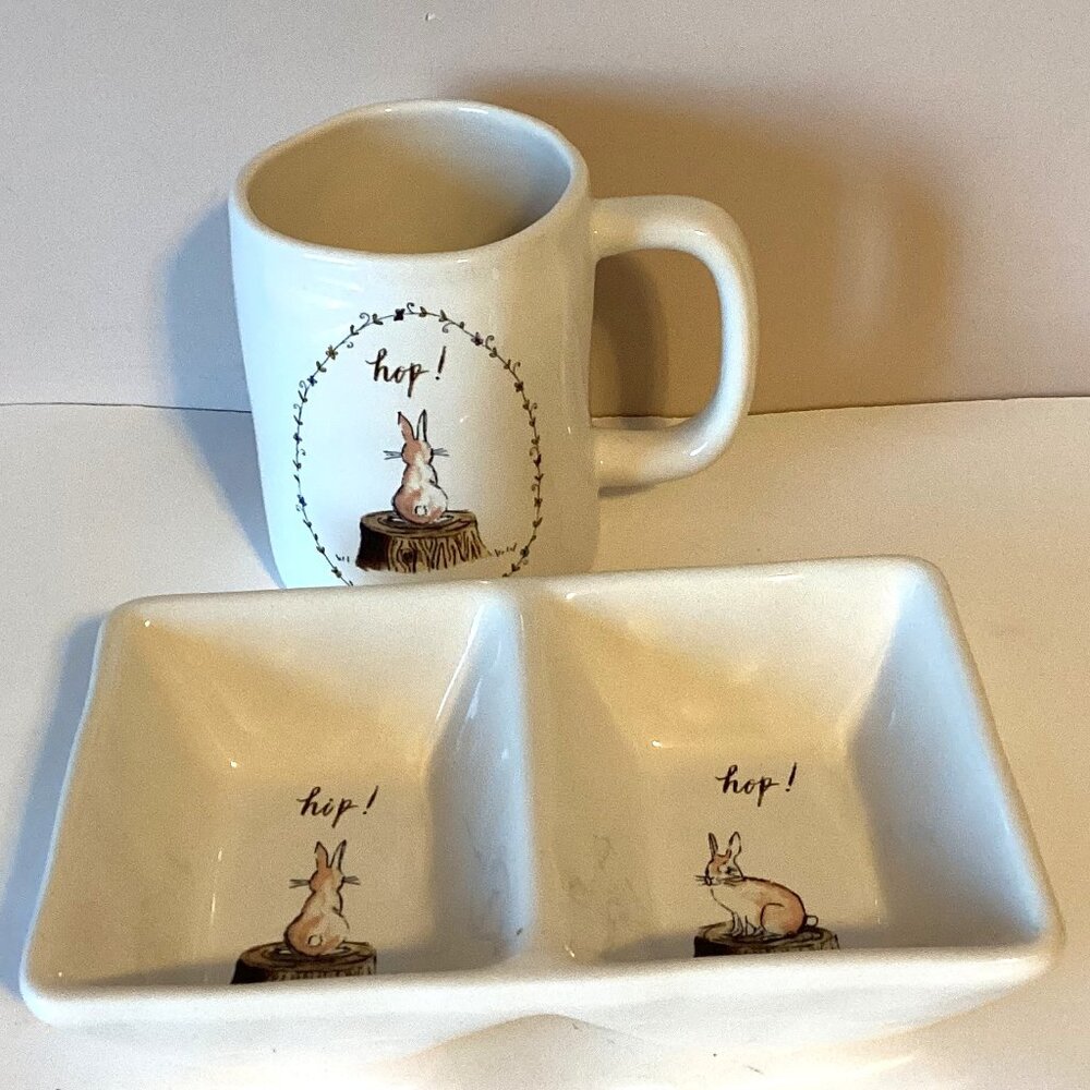Rae Dunn Pottery Easter Bunny Hop Mug & Split Divided Plate Set Tableware